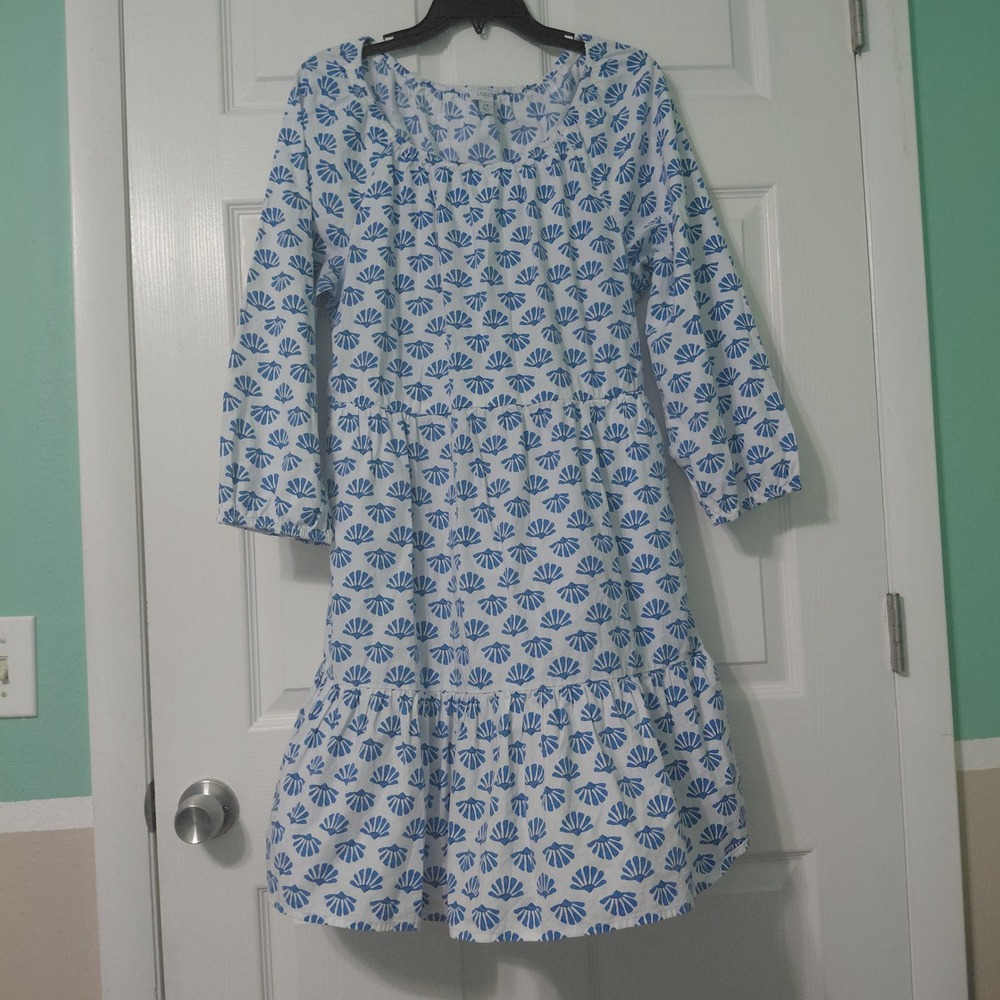 J.Crew Re-Imagined Blue Seashell Print Tiered Mini Dress Size 14 Square Neck
